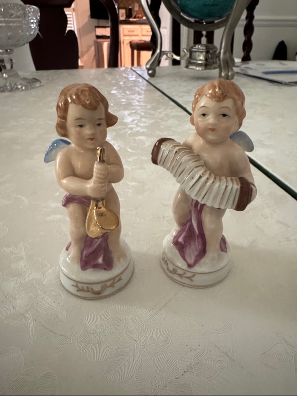 Set of Porcelain Blue-Winged Cherub Figurines - Japan